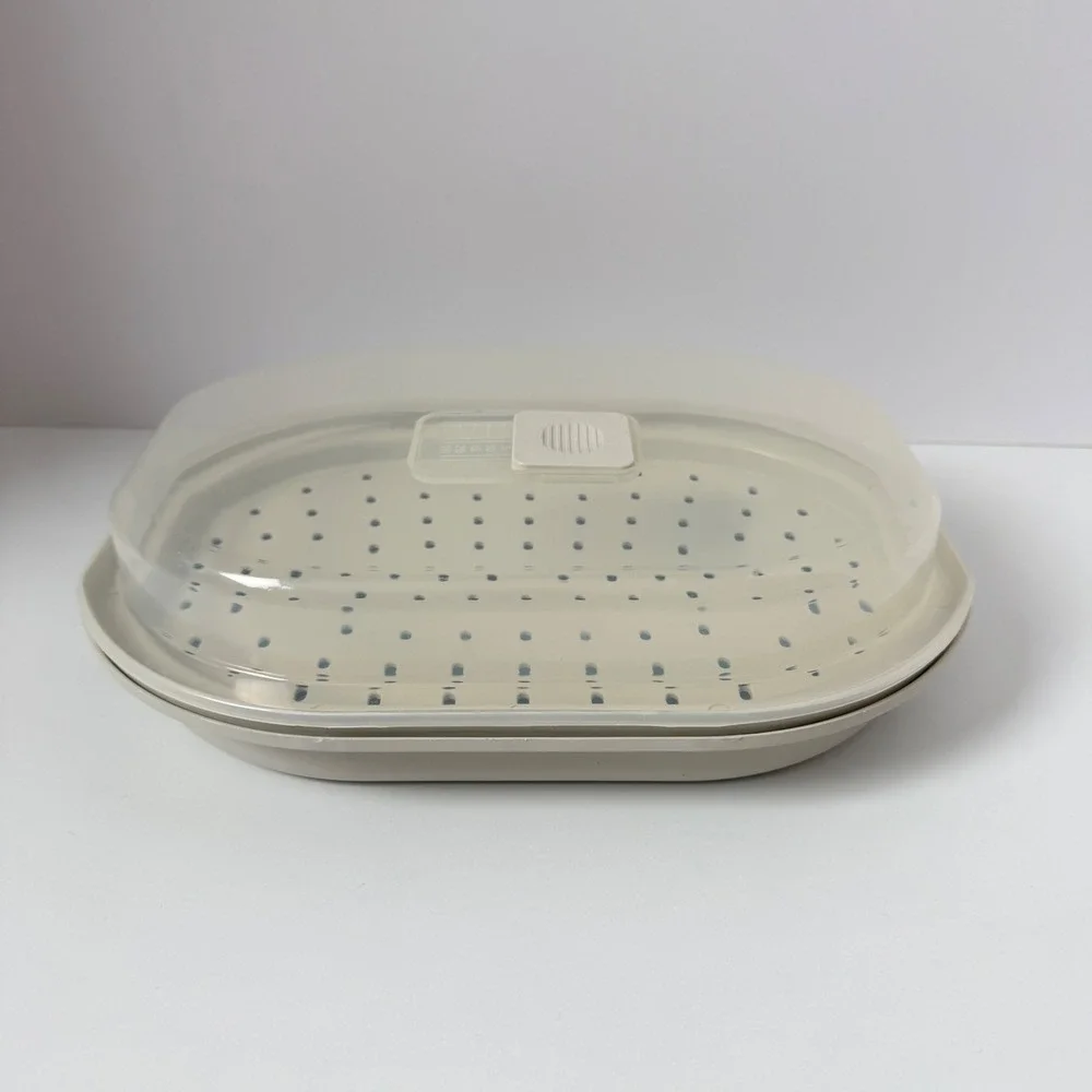 Vintage Progressive Miracle Ware Microwave Steamer Beige 3-Piece Set Vented Lid